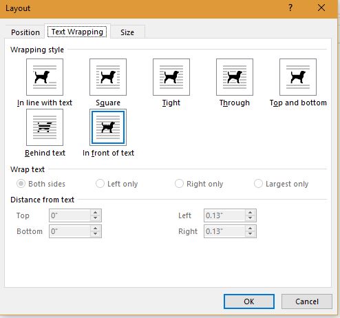 position of image in text document